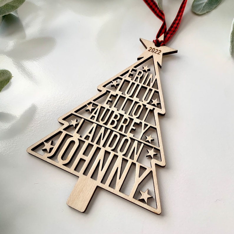 Family Names Tree Ornament Custom Laser Cut Wood Ornament Etsy