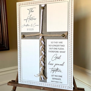 Matthew 19:6 What God has joined together let no one separate, unity ceremony, braided cord cross sign, natural & white cords.