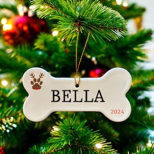 Adorno de hueso de perro de cerámica personalizado / Nombre de mascota personalizado / Decoración para árbol de Navidad hecha a mano