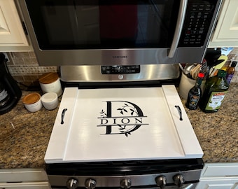Personalized Stove Top Cover: Farmhouse Inspired (Rustic White Shown), Custom Kitchen Decor, Natural Gas or Electric Stoves