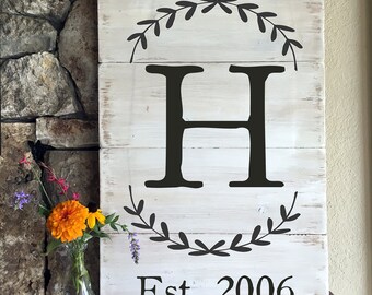 Distressed Wood Sign with Monogram, Wreath, Established Date, Wedding gift, home decor, handmade, rustic art, housewarming gift, wall art