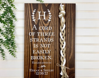 A Cord Of Three Strands Wedding Sign, 2 Natural Cords/1 White Cord, Unity Ceremony, Ecclesiastes 4:12, (Dark Walnut Color Shown)