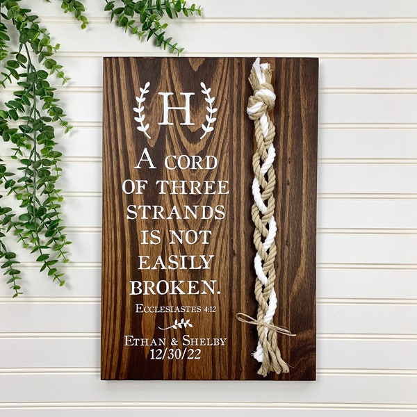 A Cord Of Three Strands Wedding Sign, 2 Natural Cords/1 White Cord, Unity Ceremony, Ecclesiastes 4:12, (Dark Walnut Color Shown)