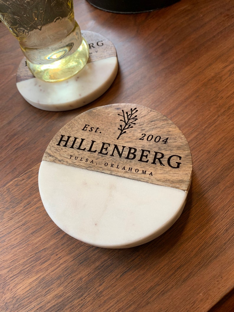 Custom Engraved Wood and Marble Coasters Etsy