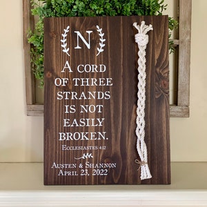 Christian Wedding Gift, 3 White Cords, A Cord of Three Strands is Not Easily Broken, (Dark Walnut Color Shown)