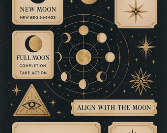 Mondmagie-Stickerbogen: Mondphasen- und Astrologie-Ritual-Etiketten für Planer, Tagebücher und digitales Scrapbooking