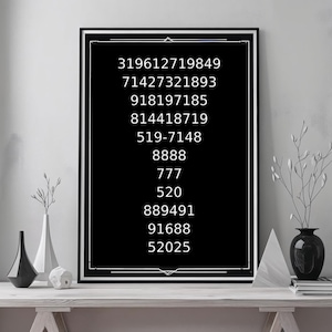 May include: A rectangular wall art print featuring a black background with white text displaying a sequence of numbers: 319612719849, 71427321893, 918197185, 814418719, 519-7148, 8888, 777, 520, 889491, 91688, and 52025, all enclosed within a thin white border frame.