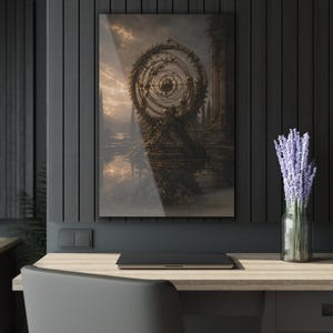 May include: A rectangular wall art print featuring a dark, atmospheric scene of an ornate, vine-covered armillary sphere standing in a reflective pool of water at sunset, with tall, slender structures visible in the distant, hazy background.