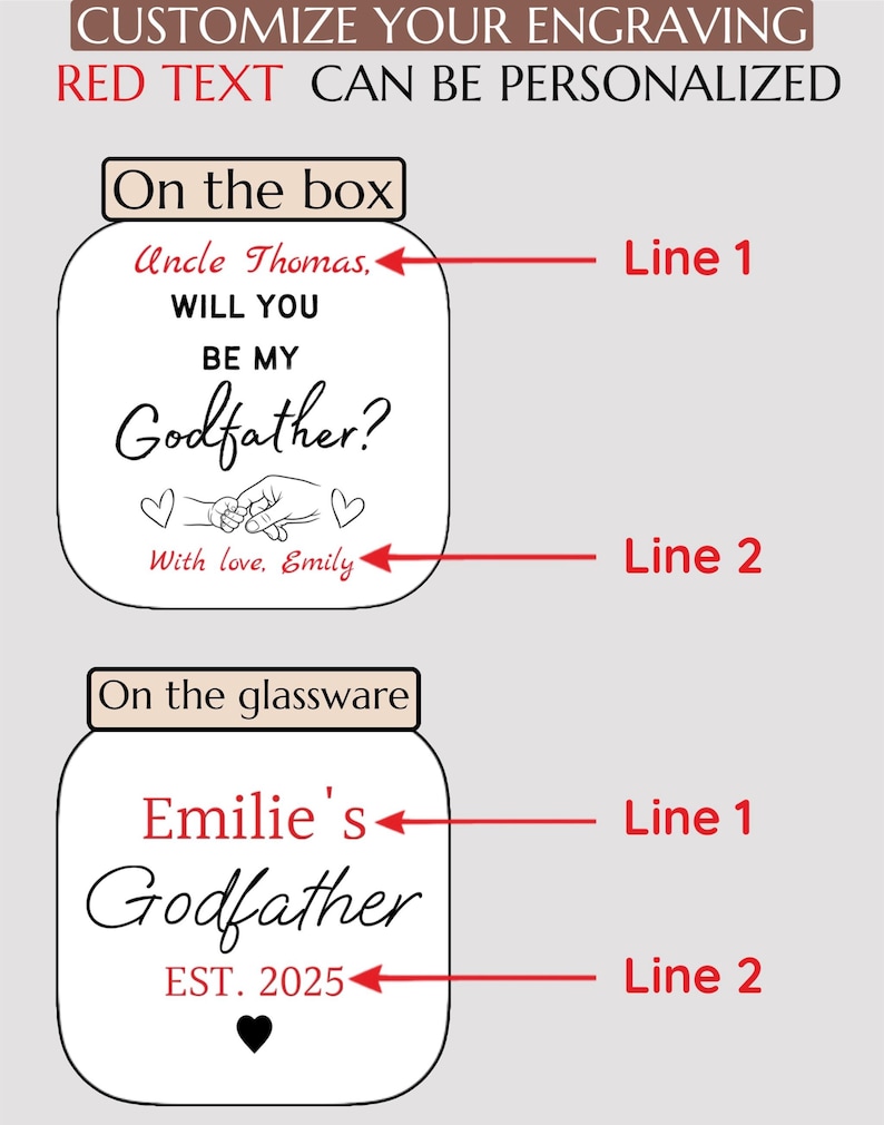 May include: Image shows two examples of personalized engraving. The top example reads "Uncle Thomas, WILL YOU BE MY Godfather?" with "With love, Emily" below. The bottom example reads "Emilie's Godfather EST. 2025".