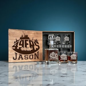 Football Fan Personalized Whiskey Decanter Set With Rocks Glasses, Custom Name Wooden Box, Holiday Gift For Men