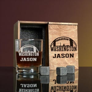 Custom Football Whiskey Set For Men With Etched Decanter, Engraved Glasses And Wooden Box, A Premium Personalized Bar Gift