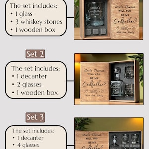 May include: Three sets of personalized Godfather gift boxes. Set 1 includes a glass, whiskey stones, and a wooden box. Set 2 has a decanter, two glasses, and a wooden box. Set 3 includes a decanter, four glasses, eight whiskey stones, and a wooden box.