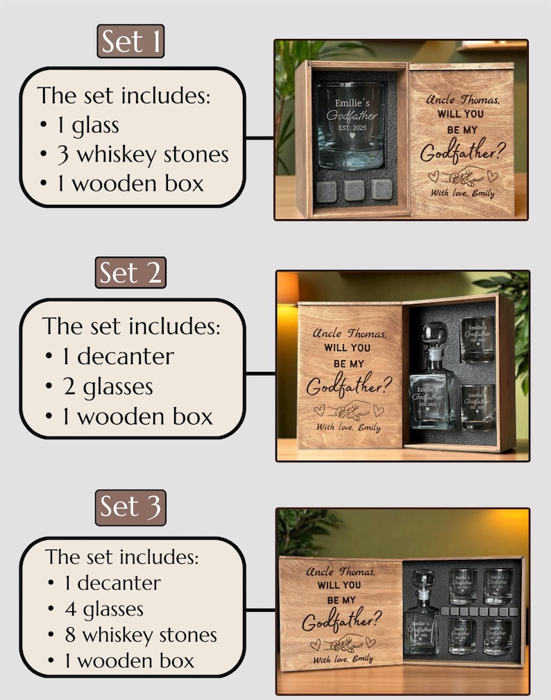 May include: Three sets of personalized Godfather gift boxes. Set 1 includes a glass, whiskey stones, and a wooden box. Set 2 has a decanter, two glasses, and a wooden box. Set 3 includes a decanter, four glasses, eight whiskey stones, and a wooden box.