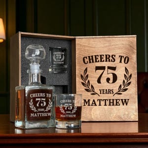 Whiskey Gift Box, 75th Whiskey Gift, Engraved Decanter, Personalized Glasses, 1950 Whiskey Glass, Custom Etched Glass, Gift For 75 Year Old