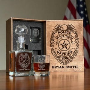 Personalized Police Whiskey Decanter Set – Christmas Gift for Cop or Officer, Engraved Glasses and Wooden Box for Law Enforcement