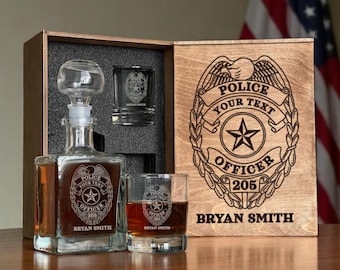 Personalized Police Whiskey Decanter Set – Gift for Cop or Officer, Engraved Glasses and Wooden Box for Law Enforcement