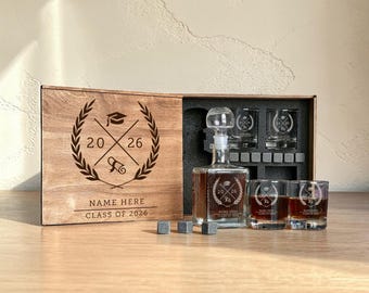 Gift for Graduate 2026 - Whiskey Decanter Set - Personalized Decanter with Glasses and Whiskey Stones in Wood Box, College Graduation 2026