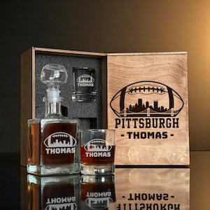 Football Fan Gift For Him - Whiskey Decanter Set With Whiskey Glasses, Personalized Engraved Wooden Box, Gift For Father