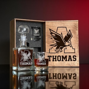 Personalized Football Whiskey Set With Etched Decanter And Engraved Glasses, Wooden Box Bar Gift For Men