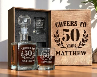 50th Birthday Gift, Whiskey Decanter, Personalized Glasses, Cheers To 50 Years, Gift For 50 Year Old, Custom Etched Glass 1975 Whiskey Glass