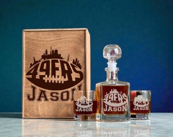 Football Lover Gift For Him, Custom Name Whiskey Decanter Set With Whiskey Glasses, Engraved Wooden Box, Christmas Gift For Football Fans