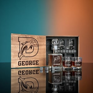 Football Themed Bar Set For Him, Etched Whiskey Decanter With Engraved Glasses In A Personalized Wooden Box, Premium Game Day Gift