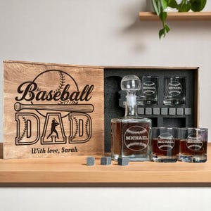 Fathers Day Gift, Baseball Fan Gifts, Gift for Grandpa, Softball Gifts, Whiskey Decanter Set, Etched Whiskey Glass, Gift for Dad