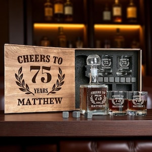 75th Gift Box, Custom Etched Glass, Whiskey Decanter, Seventy-Five Birthday, Gift For 75 Year Old, 1950 Whiskey Glass, Personalized Glasses