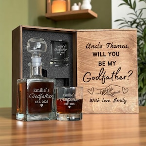 Propuesta de Padrino, Caja de Padrino Grabada, Vaso Personalizado, Juego de Decantador de Whisky, Regalos para Propuestas, Decantador Grabado, Sé mi Padrino
