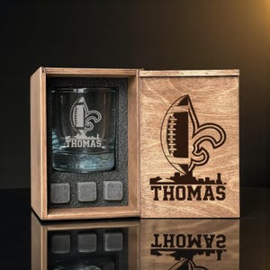 Etched Football Whiskey Decanter Set With Engraved Bar Glasses And Custom Wooden Box, Excellent Holiday Gift For Sports Fans