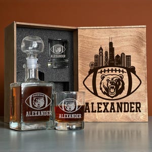 Football Fan Gift For Christmas - Personalized Whiskey Decanter Set With Rocks Glasses, Custom Wooden Box Gift For Boyfriend Husband Men