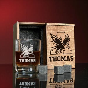 Engraved Football Bar Gift For Him, Etched Whiskey Decanter And Glasses In A Custom Wooden Box, Great Holiday Present For Sports Lovers