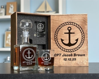 Navy Christmas Whiskey Decanter Set Engraved Glass Wooden Gift Box Anchor Design Navy Veteran Gift Sailor Captain  Retirement Gift