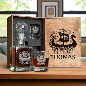 Viking Decanter Set, Personalized Viking, Viking Glass Set, Etched Runic Glass, Viking Gift For Him, Viking Gift Box, Viking Runes Box