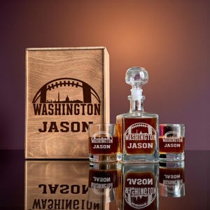 Football Inspired Whiskey Gift Set With Etched Decanter, Engraved Glasses And Personalized Wooden Box For Men