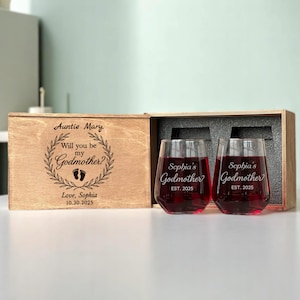 Godmother Gift Box, Etched Wine Glasses, Custom Wine Glass, Baptism Godmother Gift, New Godmother Gift, Godparent Gift, Stemless Wine Glass