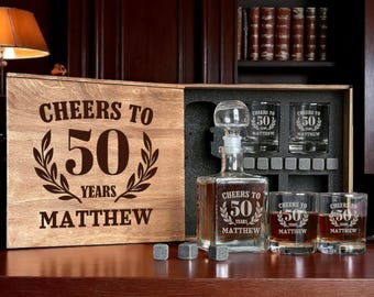 Set de 50 cumpleaños, vaso grabado personalizado, decantador de whisky, vaso de whisky de 1976, vasos personalizados, cincuenta cumpleaños, regalo para 50 años