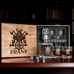 Viking Barware, Etched Runic Glass, Viking Gift Box, Viking Runes Box, Viking Etched Glass, Mjolnir Whiskey Set, Viking Decanter Set