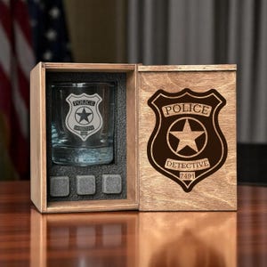 Police Retirement Gift - Whiskey Decanter Set, Christmas Gift for Cop or Officer, Engraved Glasses and Wooden Box for Law Enforcement Grad