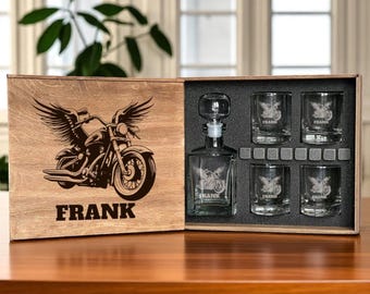 Gift for Biker – Personalized Motorcycle Whiskey Decanter Set with Engraved Glasses and Wooden Box, Custom Barware for Him