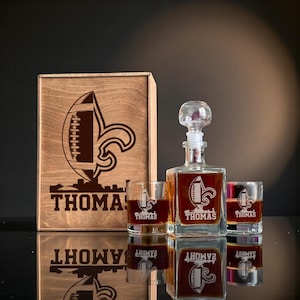 Personalized Football Whiskey Set With Etched Decanter, Engraved Glasses And Wooden Box, American Football Gift For Men or Husband