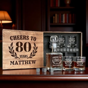 Cheers To 80 Years, Custom Etched Glass, Personalized Glasses, 1945 Whiskey Glass, Gift For 80 Year Old, 80th Gift Box, Eighty Birthday