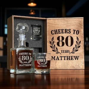 80th Gift Box, Custom Etched Glass, Whiskey Decanter Set, Personalized Glasses, Eighty Birthday, Gift For 80 Year Old, 1945 Whiskey Glass