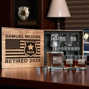 Christmas Gift for Police Chief – Personalized Whiskey Decanter Set with Engraved Glass and Wooden Box for Law Enforcement Officer