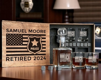 Christmas Gift for Police Chief – Personalized Whiskey Decanter Set with Engraved Glass and Wooden Box for Law Enforcement Officer