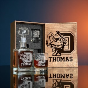 Engraved Football Whiskey Set With Etched Decanter And Personalized Glasses, Premium Wooden Box Gift For Men Who Love Sports