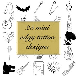 Lámina de diseños de tatuajes modernos: 25 mini diseños de tatuajes góticos (descarga digital imprimible).