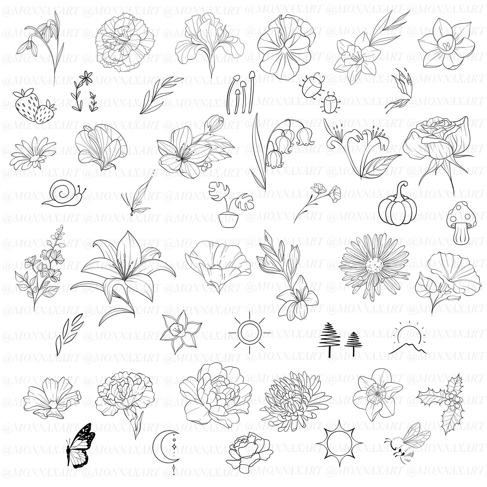 Delicate Fineline Tattoo Flas Sheet - 40+ Nature Tattoo Designs ...
