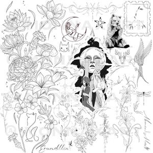 May include: Black and white illustration featuring various floral designs, a bear, a woman on a crescent moon, and other whimsical elements. The artwork includes detailed line drawings of flowers, animals, and celestial figures.