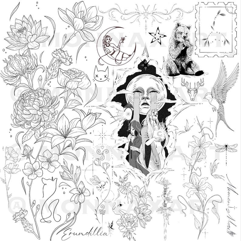 May include: Black and white illustration featuring various floral designs, a bear, a woman on a crescent moon, and other whimsical elements. The artwork includes detailed line drawings of flowers, animals, and celestial figures.